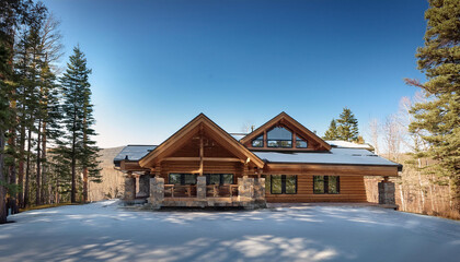 Wall Mural - Log cabin in the mountains, log home, winter, snow forest, trees, blue sky