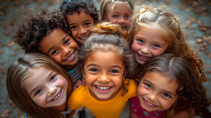 Sticker - A joyful group of children smiling together outdoors.