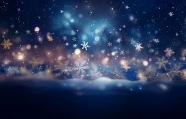 Wall Mural - a blue and gold winter scene with snowflakes falling against a blurry background with glowing lights