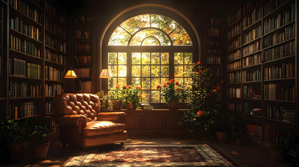 Wall Mural - Cozy library with books, plants, and a comfortable armchair.