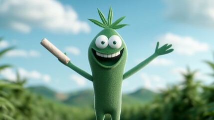 A happy green cartoon character with a cannabis leaf for hair holds a rolled joint in its right hand and smiles broadly.