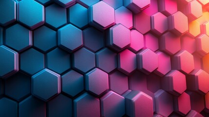 An abstract display of interlocking hexagonal shapes forms a textured surface, highlighted by rich blue and pink lighting, creating a visually stunning effect.