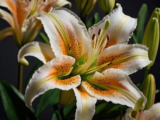 stunning close up photo of a brownish white lily flower during the day taken from a garden near the house