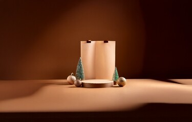 A blank card held up by two clips stands on a round pedestal surrounded by miniature evergreen trees and gold ornaments.