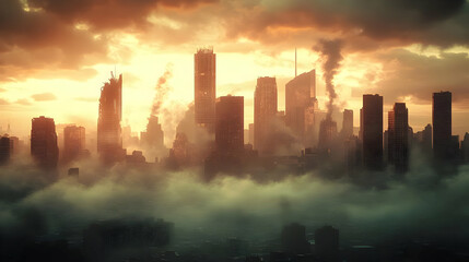 Sticker - A dystopian cityscape at sunset, shrouded in smoke and fog.