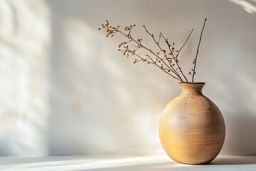 Poster - Simple ceramic vase with delicate branches placed against a soft, illuminated wall in a cozy indoor setting. Generative AI