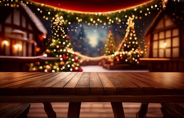 A wooden table with a blurred background of a winter village.  A Christmas tree decorated with lights is out of focus in the background.