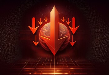 Aufkleber - A large red arrow points down towards a globe, with several smaller arrows pointing down around it.