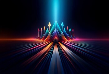 Wall Mural - Abstract 3D rendering of glowing colorful lines forming abstract arrows and a horizon.