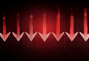 Poster - Red and white downward facing arrows form a line graph against a dark red background with a faint pattern of binary code.
