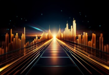 Wall Mural - A long, straight path made of dark tiles leads to a glowing, golden cityscape with a bright light source at the horizon.