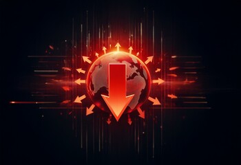 Aufkleber - A red arrow points down toward a glowing red globe surrounded by smaller red arrows pointing up.