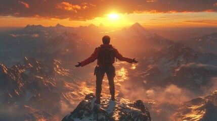 A lone hiker stands on a mountain peak with arms outstretched, looking out at the majestic view of the sunrise over a range of snow-capped mountains.