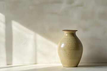 Poster - A rustic ceramic vase stands elegantly against a textured wall, illuminated by soft afternoon sunlight in a minimalist space. Generative AI