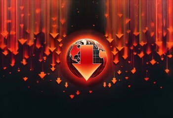 Poster - A red down arrow sits over a glowing globe, surrounded by numerous blurry red arrows.