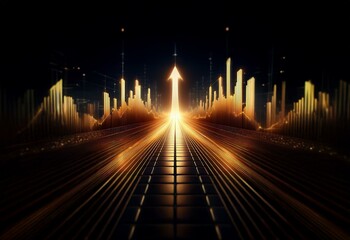 Aufkleber - A golden arrow pointing upwards is set against a dark background, with glowing lines converging into a vanishing point.