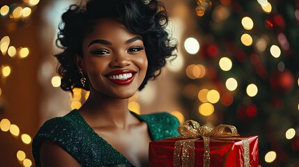 Joyful Woman with Gift Near Christmas Tree Lights