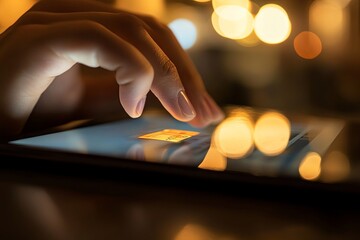 A person using a tablet while illuminated by warm ambient light during a cozy evening indoors. Generative AI