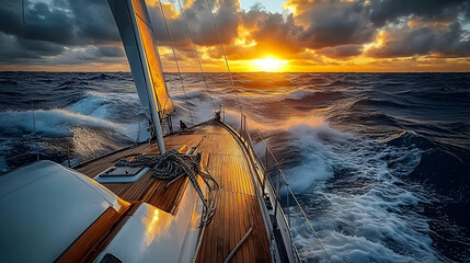 Canvas Print - Sailing into a vibrant sunset over turbulent ocean waves.