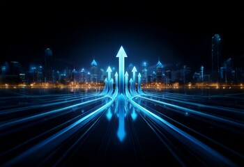 Canvas Print - A cityscape at night with a series of glowing blue lines converging in a central point with a cluster of upward-facing arrows.