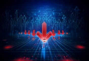Aufkleber - A red arrow points down, surrounded by blue upward arrows, all on a grid-like surface.