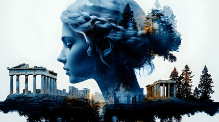 Poster - Ethereal silhouette blending human form with ancient architecture.