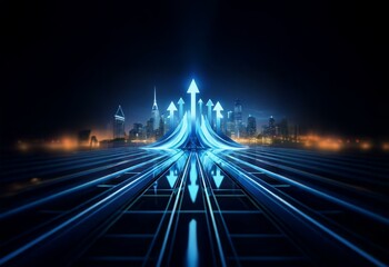 Canvas Print - Blue glowing arrows rise above a cityscape, representing progress and success.