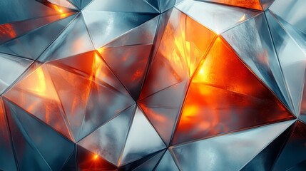 Leinwandbilder - A complex arrangement of triangular shapes creates an eye-catching pattern. Reflective surfaces capture vivid orange and blue light, enhancing the dynamic texture of the artwork.