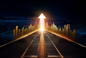 Poster - A glowing golden arrow points upward, surrounded by a line of illuminated bars, suggesting growth and a path to success.
