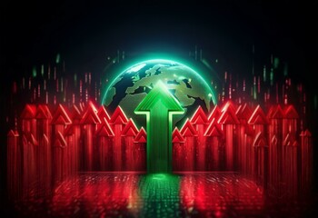 Poster - A glowing green arrow points up in front of a green glowing Earth surrounded by red arrows pointing upwards.