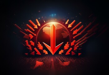 Poster - A glowing red globe surrounded by a swarm of descending arrows against a dark background.
