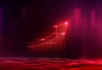 Canvas Print - Red arrow points upwards, glowing against a dark red background with a swirling, blurry light at the bottom.