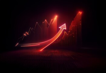 Poster - A glowing red arrow curves upwards, passing through a red line graph on a dark background.