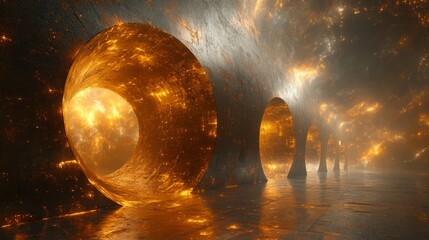 Poster - Glowing golden tunnels emerge from the walls of a dark, expansive cavern, casting mesmerizing reflections across the wet floor, creating a captivating ambiance.