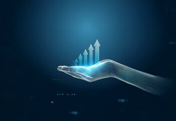 Poster - A wireframe hand on a dark blue background holds up a series of arrows pointing upwards.