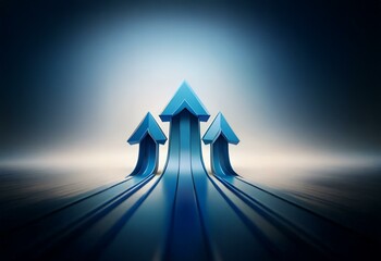 Poster - Three blue arrows pointing up, rising from a dark, abstract background.