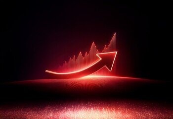 Leinwandbilder - a glowing red arrow pointing upwards against a black background, with a field of red dots in the for