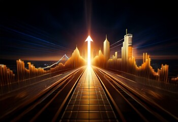 Poster - A glowing white arrow points upward, symbolizing growth and success, along a track of golden skyscrapers and financial charts.