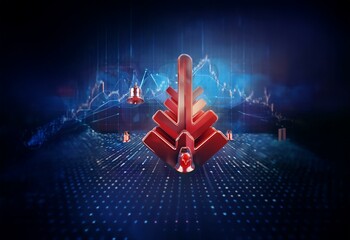 Aufkleber - A red 3D arrow points down on a blue digital background, surrounded by small red bells.