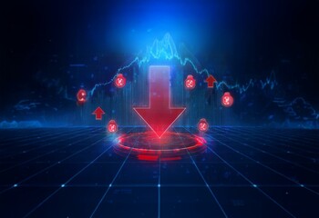 Fototapete - A red downward arrow centered on a circular platform surrounded by a glowing blue grid with other red arrows.