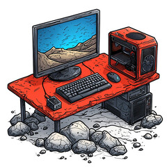 Poster - A red computer setup on a rugged table with rocks, featuring a monitor, keyboard, and gaming tower. isolated on transparent background.