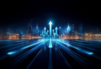 Canvas Print - A cityscape at night with glowing blue arrows rising from the ground and converging into a point.