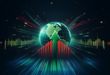 Fototapete - A digital rendering of a globe with glowing red arrows pointing up.