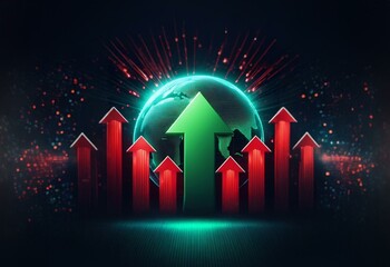Poster - A glowing green arrow, pointing upward, is surrounded by red arrows with a 3D rendering of a teal earth globe in the background.