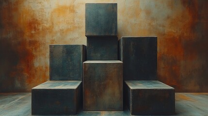 Leinwandbilder - A series of dark metallic blocks are arranged in a minimalist design, positioned against a textured wall that displays warm, rust-like tones, creating an intriguing industrial aesthetic.