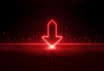 Canvas Print - A glowing red arrow pointing down, surrounded by faint, red, vertical lines, on a dark, red background.