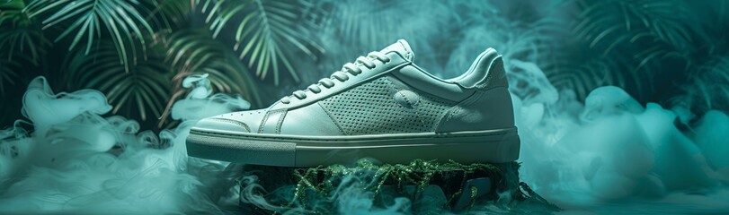 High Fashion White Sneakers with Green Soles on Emerald Platform Amid Palm Trees and Smoke Dark Blue Background