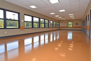 Poster - Bright and spacious indoor activity area with large windows overlooking greenery during the day. Generative AI