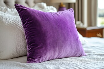 Poster - A plush purple velvet pillow resting on a comfortable white bedspread in a cozy bedroom setting during the day. Generative AI