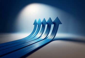 Canvas Print - Five blue 3D arrows point upward against a dark blue and light blue gradient background.